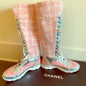 Chanel Sneaker Lace Up Boot in Pink Tweed